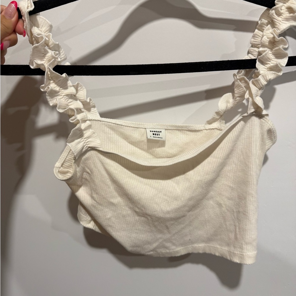 Aritzia Cream Ribbed Ruffle Strap Top